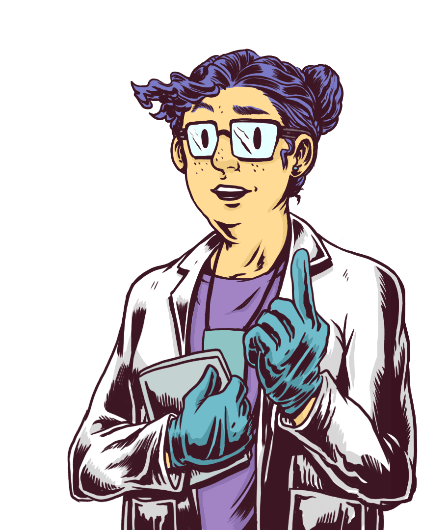 drawing of a scientist wearing glasses and gloves and carrying a device