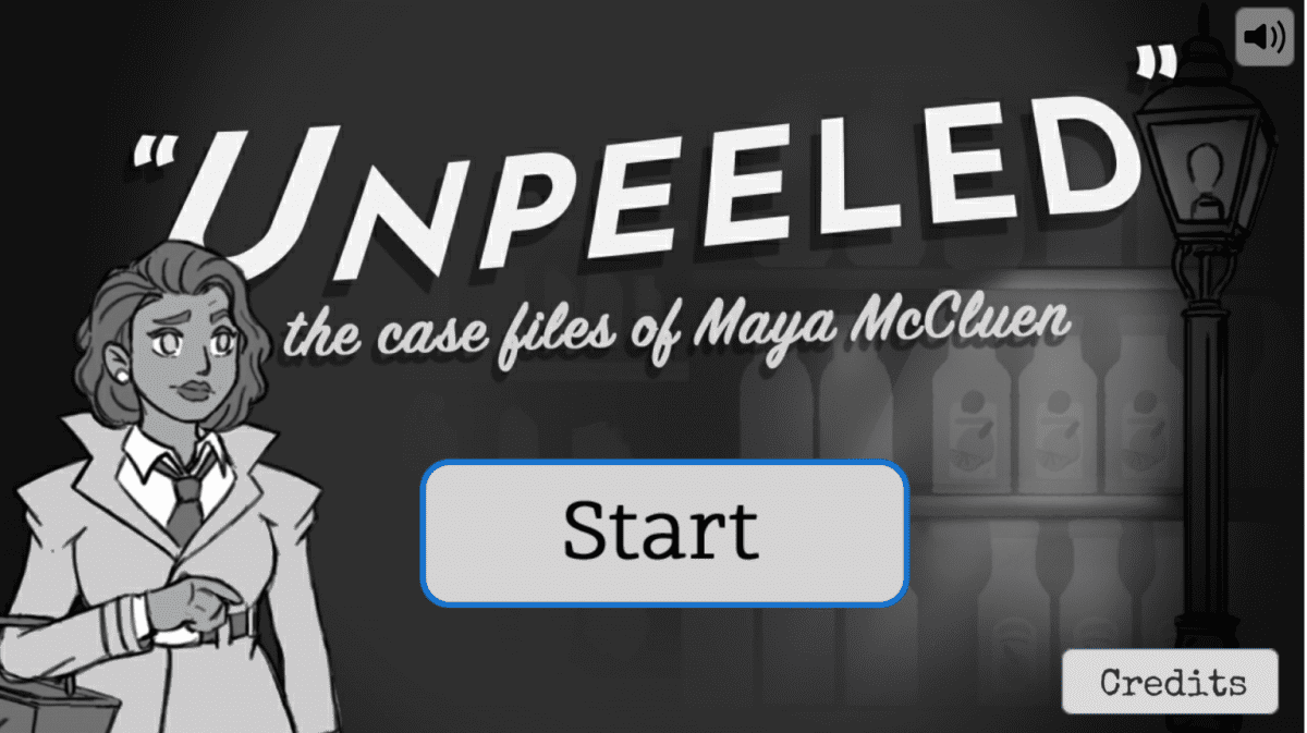 a clip of the unpeeled game start screen showing a start button and a woman in a trench coat.